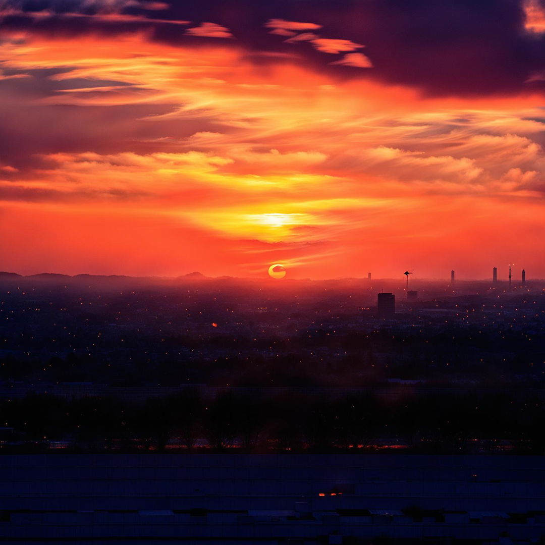 A vibrant sunset captured with a 200mm lens, featuring a sky transitioning from indigo to orange, silhouetted landscape, and glowing clouds.