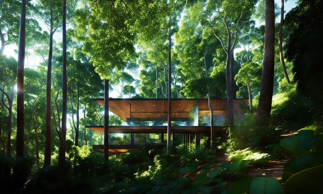 Architectural visualization of an eco-friendly cabin on the coastline, surrounded by lush jungle forest and overlooking a serene ocean. The seamless integration of glass, timber, and stone is highlighted, captured with a wide-angle lens.