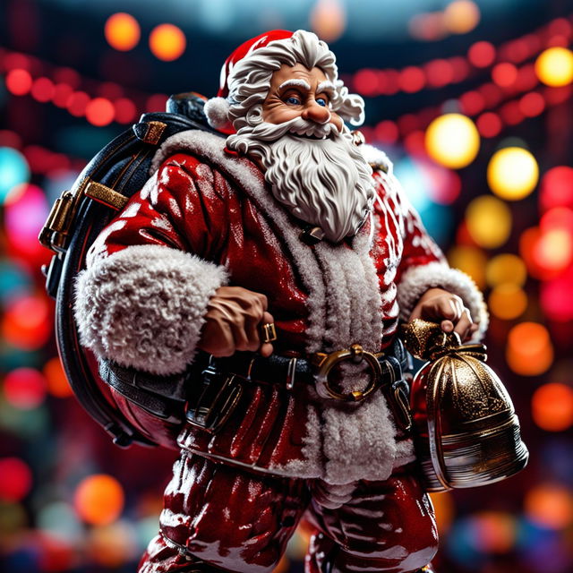 A 32k high-resolution digital art piece featuring a detailed and colorful Santa Claus in focus with a 200mm lens effect.