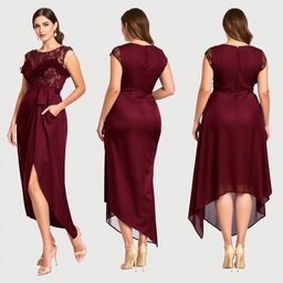 Elegant dresses designed for plus-size individuals with a shorter stature, featuring a flattering cut that accommodates a curvy figure without emphasizing the rear