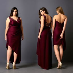 Elegant dresses designed for plus-size individuals with a shorter stature, featuring a flattering cut that accommodates a curvy figure without emphasizing the rear
