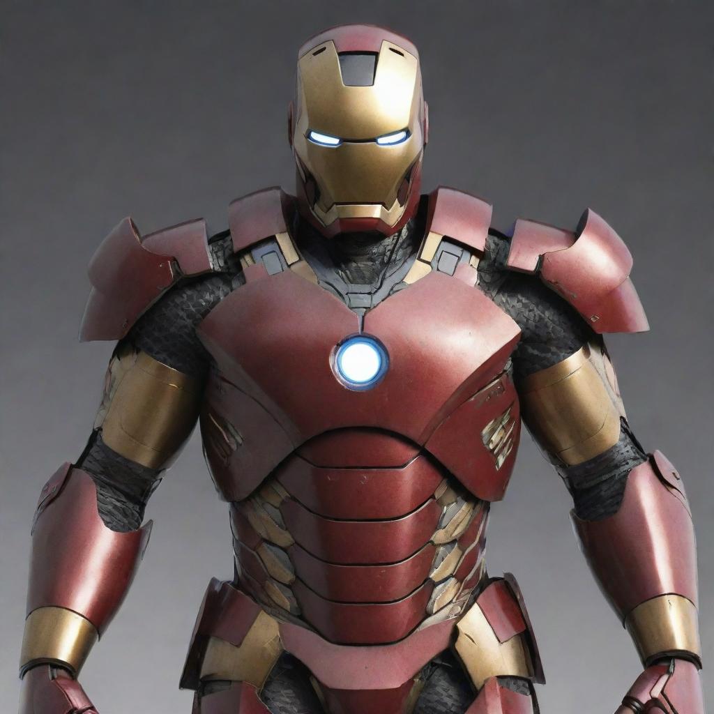 Generate an image of a hybrid character, combining the advanced technology and look of Iron Man with the traditional aesthetic and armor of a Samurai warrior.