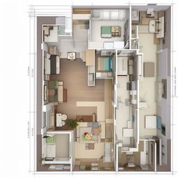 Design a room with dimensions of 26.8 x 49, including three bedrooms, a bathroom, hall, dining area, and kitchen.