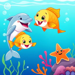 A cartoon-style underwater scene featuring two cheerful orange scaled fishes swimming playfully, a friendly dolphin with a big smile leaping joyfully above the water's surface, and a cute starfish with a happy face resting on a vibrant coral