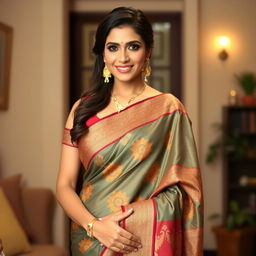 A lovely woman wearing a stunning saree, showcasing a blend of traditional and modern design elements