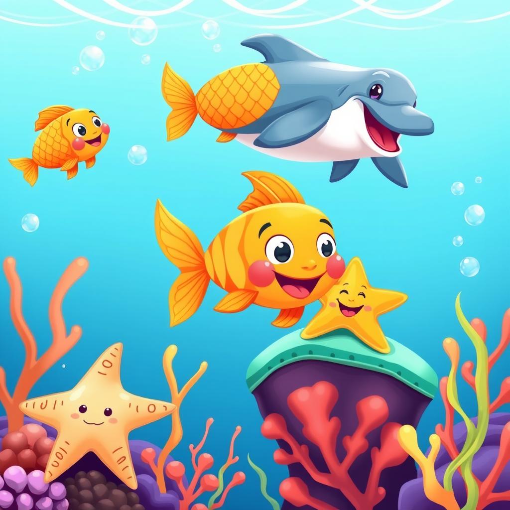 A cartoon-style underwater scene featuring two cheerful orange scaled fishes swimming playfully, a friendly dolphin with a big smile leaping joyfully above the water's surface, and a cute starfish with a happy face resting on a vibrant coral