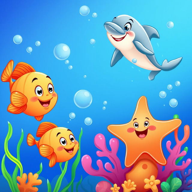 A cartoon-style underwater scene featuring two cheerful orange scaled fishes swimming playfully, a friendly dolphin with a big smile leaping joyfully above the water's surface, and a cute starfish with a happy face resting on a vibrant coral