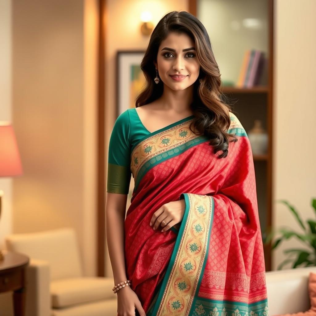 A lovely woman wearing a stunning saree, showcasing a blend of traditional and modern design elements