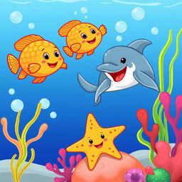 A cartoon-style underwater scene featuring two cheerful orange scaled fishes swimming playfully, a friendly dolphin with a big smile leaping joyfully above the water's surface, and a cute starfish with a happy face resting on a vibrant coral