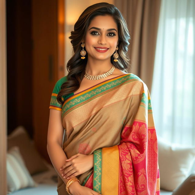 A lovely woman wearing a stunning saree, showcasing a blend of traditional and modern design elements