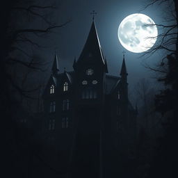 A captivating scene of a mysterious school set against a full bright moon in the background