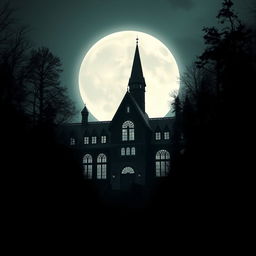 A captivating scene of a mysterious school set against a full bright moon in the background