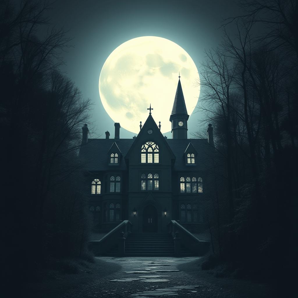 A captivating scene of a mysterious school set against a full bright moon in the background