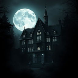 A captivating scene of a mysterious school set against a full bright moon in the background