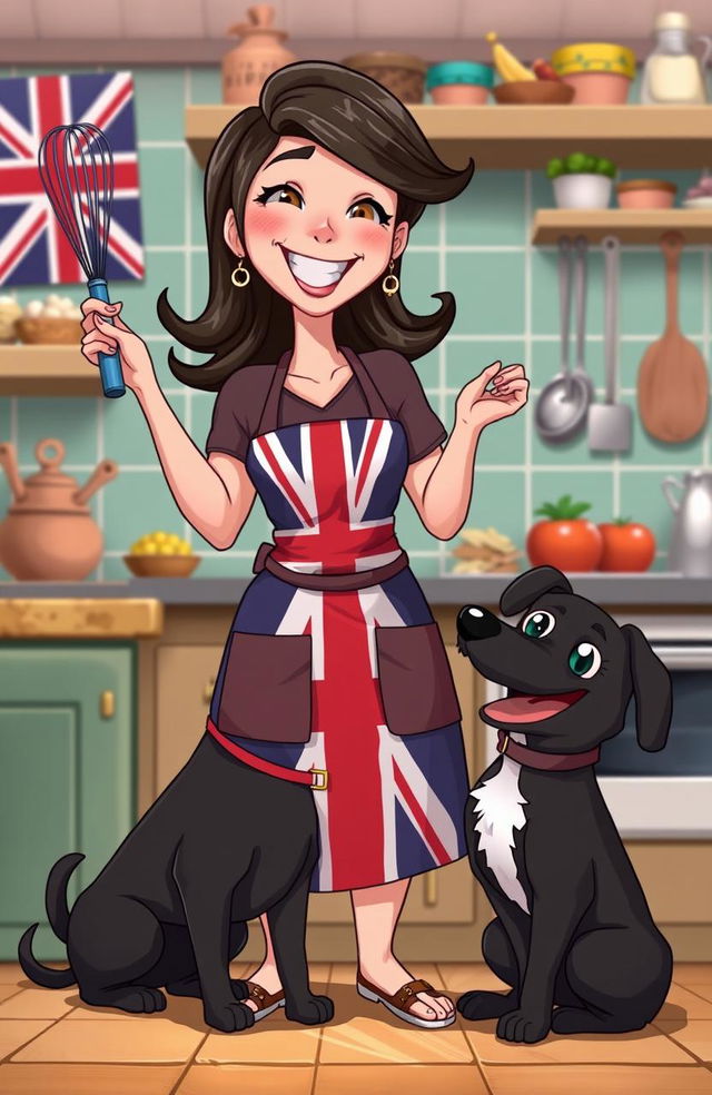 An animated dark blonde woman happily holding a whisk in one hand, with a playful black dog sitting at her feet