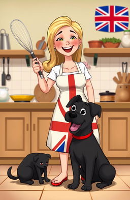 An animated dark blonde woman happily holding a whisk in one hand, with a playful black dog sitting at her feet