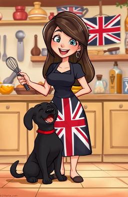 An animated dark blonde woman happily holding a whisk in one hand, with a playful black dog sitting at her feet