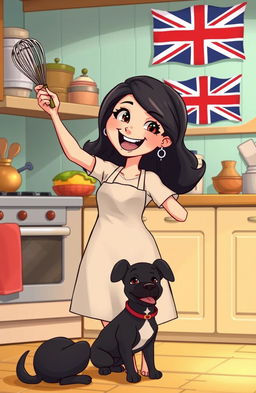An animated dark blonde woman happily holding a whisk in one hand, with a playful black dog sitting at her feet