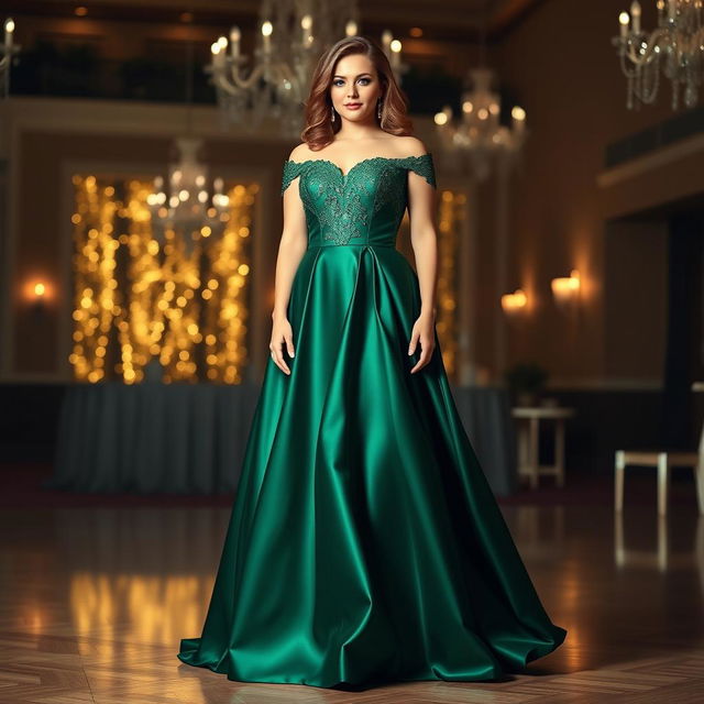 A stunning evening gown designed for a short, plus-size woman with green eyes