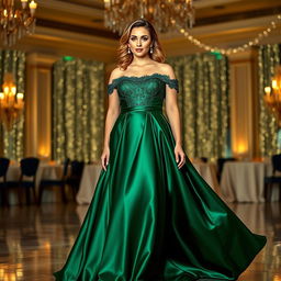 A stunning evening gown designed for a short, plus-size woman with green eyes