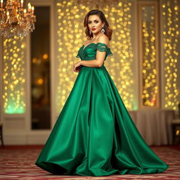 A stunning evening gown designed for a short, plus-size woman with green eyes