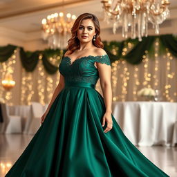 A stunning evening gown designed for a short, plus-size woman with green eyes