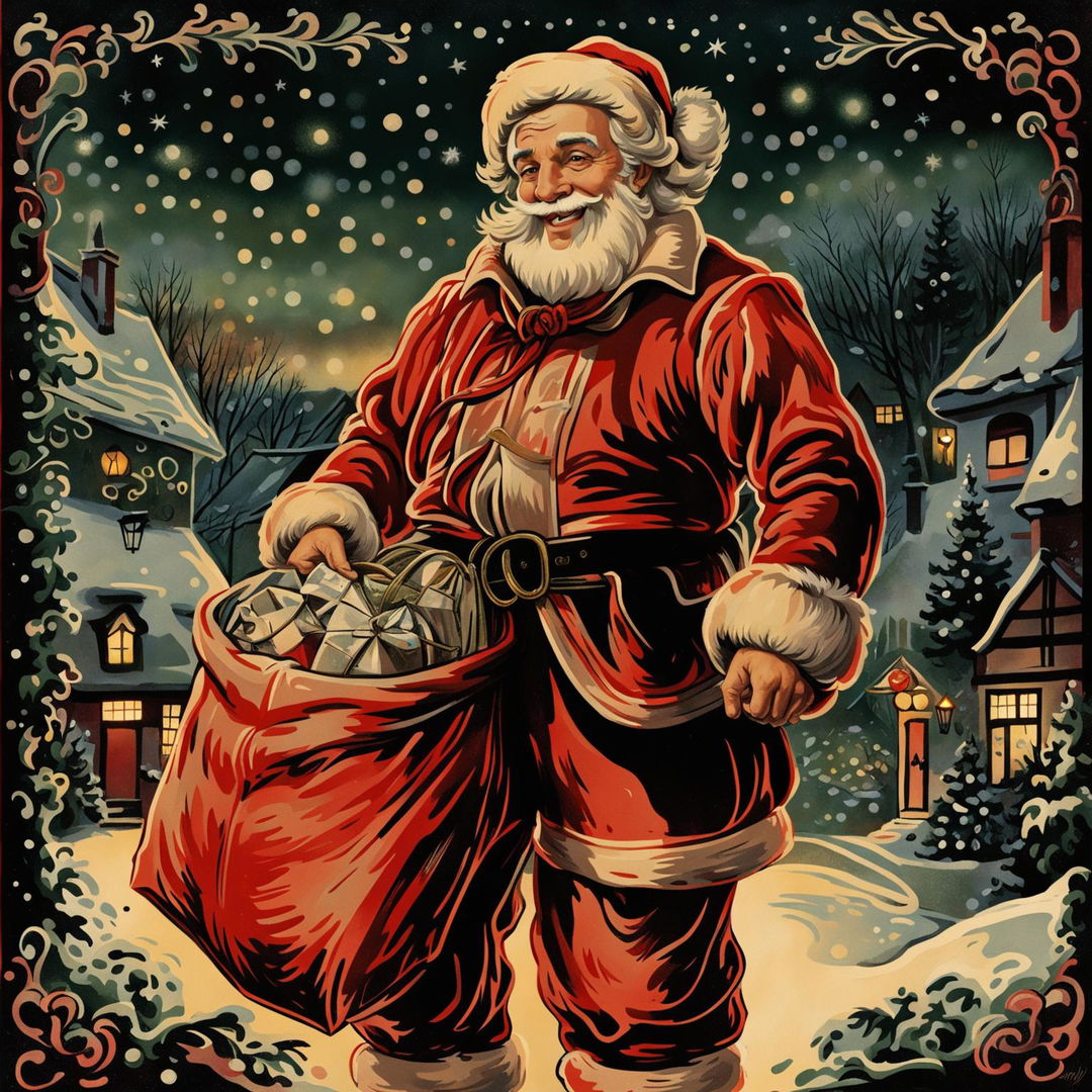 Vintage-style Christmas cover art featuring a traditional Santa Claus in a snowy landscape with a decorated tree and fireplace.