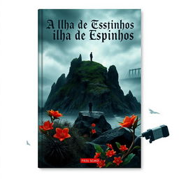 A captivating book cover design for 'A Ilha de Espinhos', featuring a mysterious island surrounded by dark, jagged rocks and an overcast sky