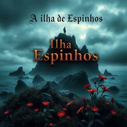 A captivating book cover design for 'A Ilha de Espinhos', featuring a mysterious island surrounded by dark, jagged rocks and an overcast sky