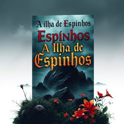 A captivating book cover design for 'A Ilha de Espinhos', featuring a mysterious island surrounded by dark, jagged rocks and an overcast sky