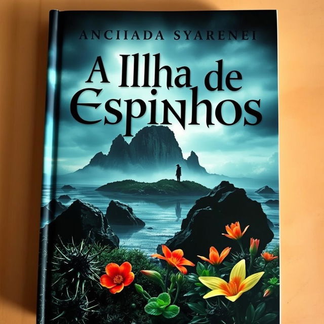 A captivating book cover design for 'A Ilha de Espinhos', featuring a mysterious island surrounded by dark, jagged rocks and an overcast sky