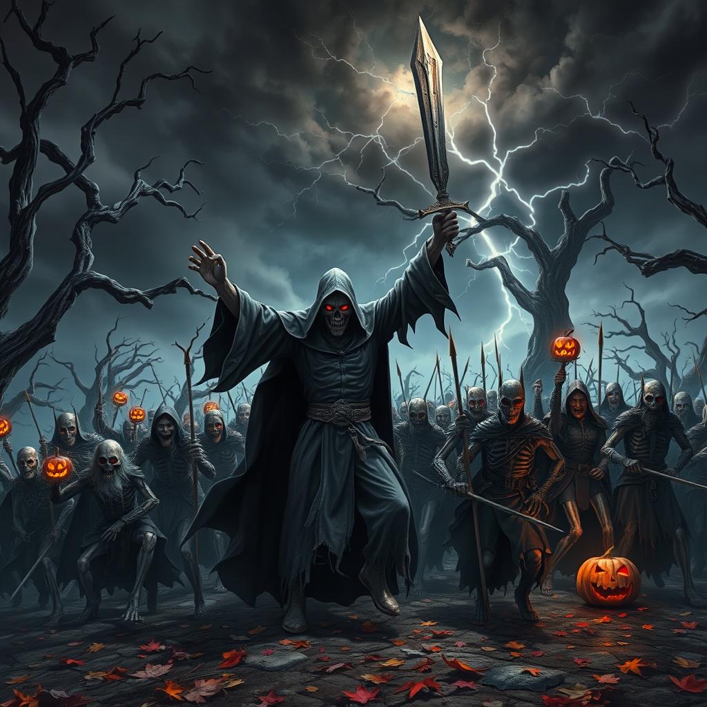 A dramatic scene depicting a fearsome Death Ripper leading a large, menacing army of mythical creatures and skeletal warriors