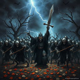A dramatic scene depicting a fearsome Death Ripper leading a large, menacing army of mythical creatures and skeletal warriors