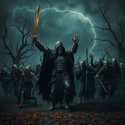 A dramatic scene depicting a fearsome Death Ripper leading a large, menacing army of mythical creatures and skeletal warriors