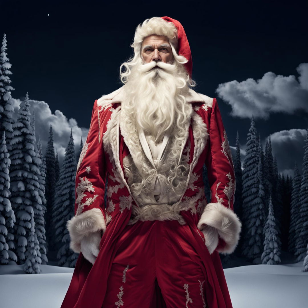 A 200m tall Santa Claus in vibrant red suit against a snowy backdrop, captured in 32k resolution in the style of Mario Testino.