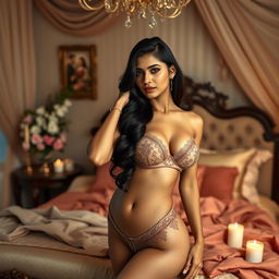 A stunning Indian woman in luxurious lingerie, confidently posing in a beautifully decorated bedroom