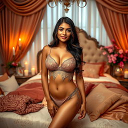 A stunning Indian woman in luxurious lingerie, confidently posing in a beautifully decorated bedroom