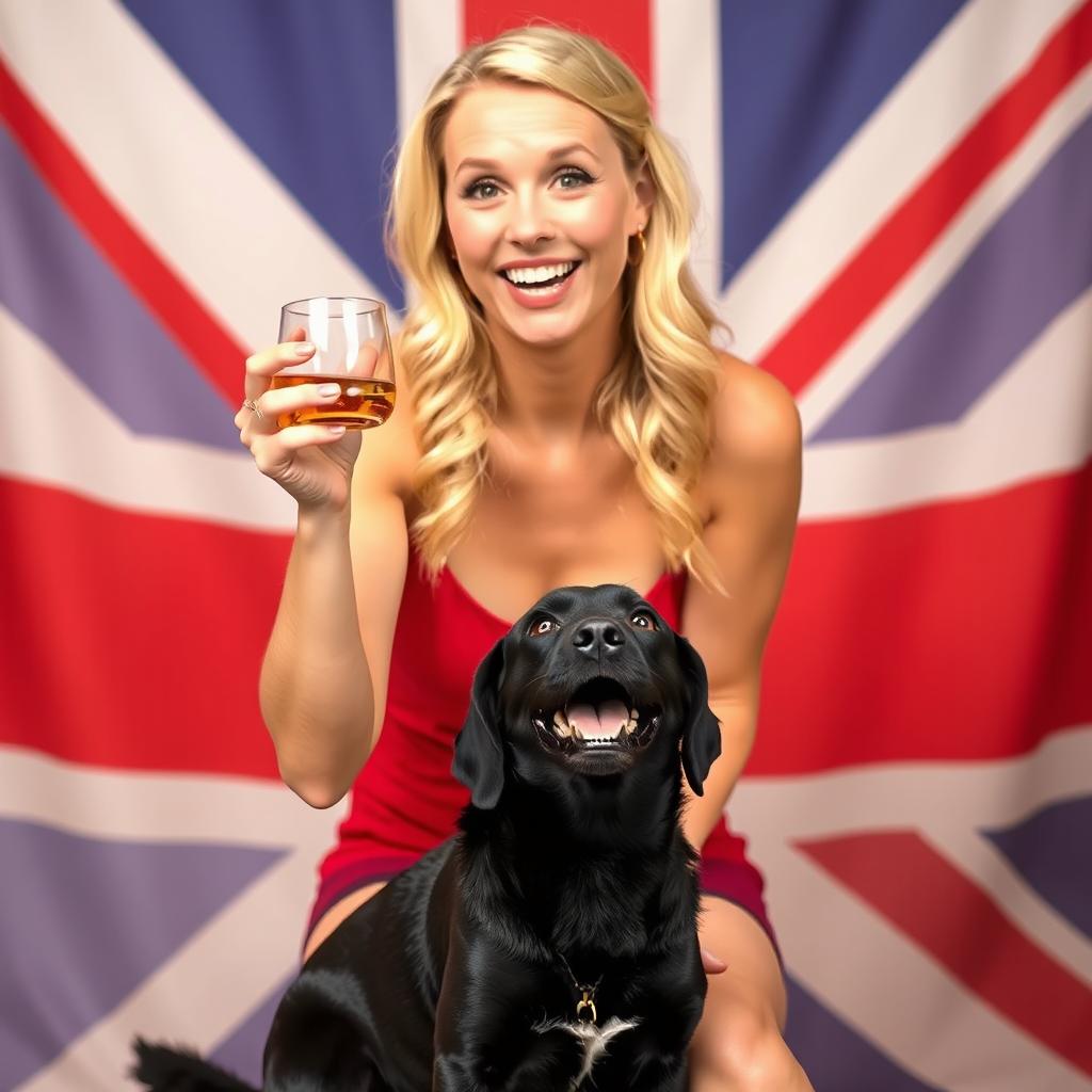 A whimsical scene featuring a blonde woman holding a glass of whiskey, looking playful and cheerful