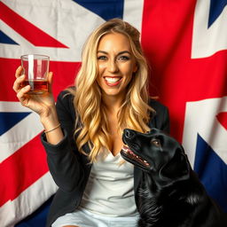 A whimsical scene featuring a blonde woman holding a glass of whiskey, looking playful and cheerful