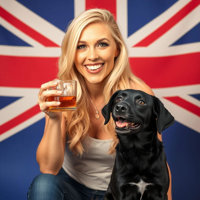 A whimsical scene featuring a blonde woman holding a glass of whiskey, looking playful and cheerful