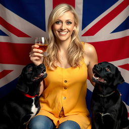 A whimsical scene featuring a blonde woman holding a glass of whiskey, looking playful and cheerful