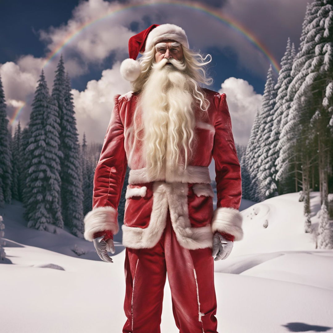 A 200m tall Santa Claus in vibrant red suit against a snowy backdrop, captured in 32k resolution in the style of Mario Testino, with a pastel rainbow arching over him.