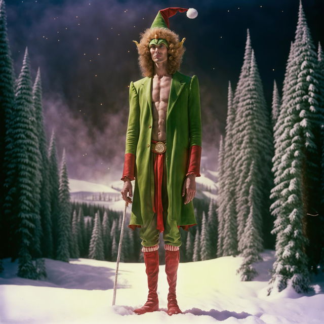 A 200m tall Christmas elf in traditional attire, captured in 32k resolution in the style of Mario Testino, with a pastel tint overlaying the image.