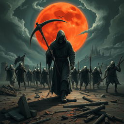 A dramatic scene depicting a death reaper leading an army of dark, ominous figures as they march through a desolate landscape, showcasing a Halloween theme