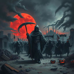 A dramatic scene depicting a death reaper leading an army of dark, ominous figures as they march through a desolate landscape, showcasing a Halloween theme