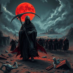 A dramatic scene depicting a death reaper leading an army of dark, ominous figures as they march through a desolate landscape, showcasing a Halloween theme