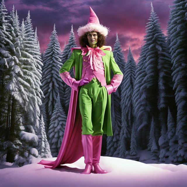 A 200m tall Christmas elf in traditional attire against a snowy backdrop, captured in 32k resolution with a pastel tint overlaying the image in Mario Testino's style.