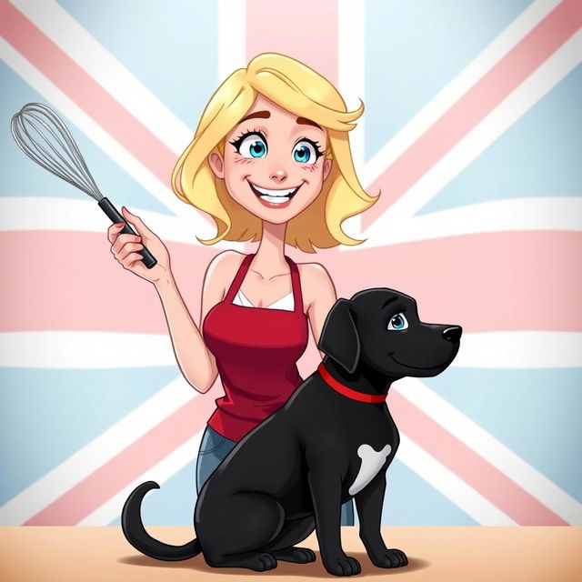 An animated blonde woman holding a whisk in one hand, looking whimsical and cheerful against a bold British flag background