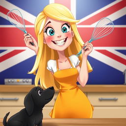 An animated blonde woman holding a whisk in one hand, looking whimsical and cheerful against a bold British flag background