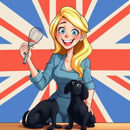 An animated blonde woman holding a whisk in one hand, looking whimsical and cheerful against a bold British flag background